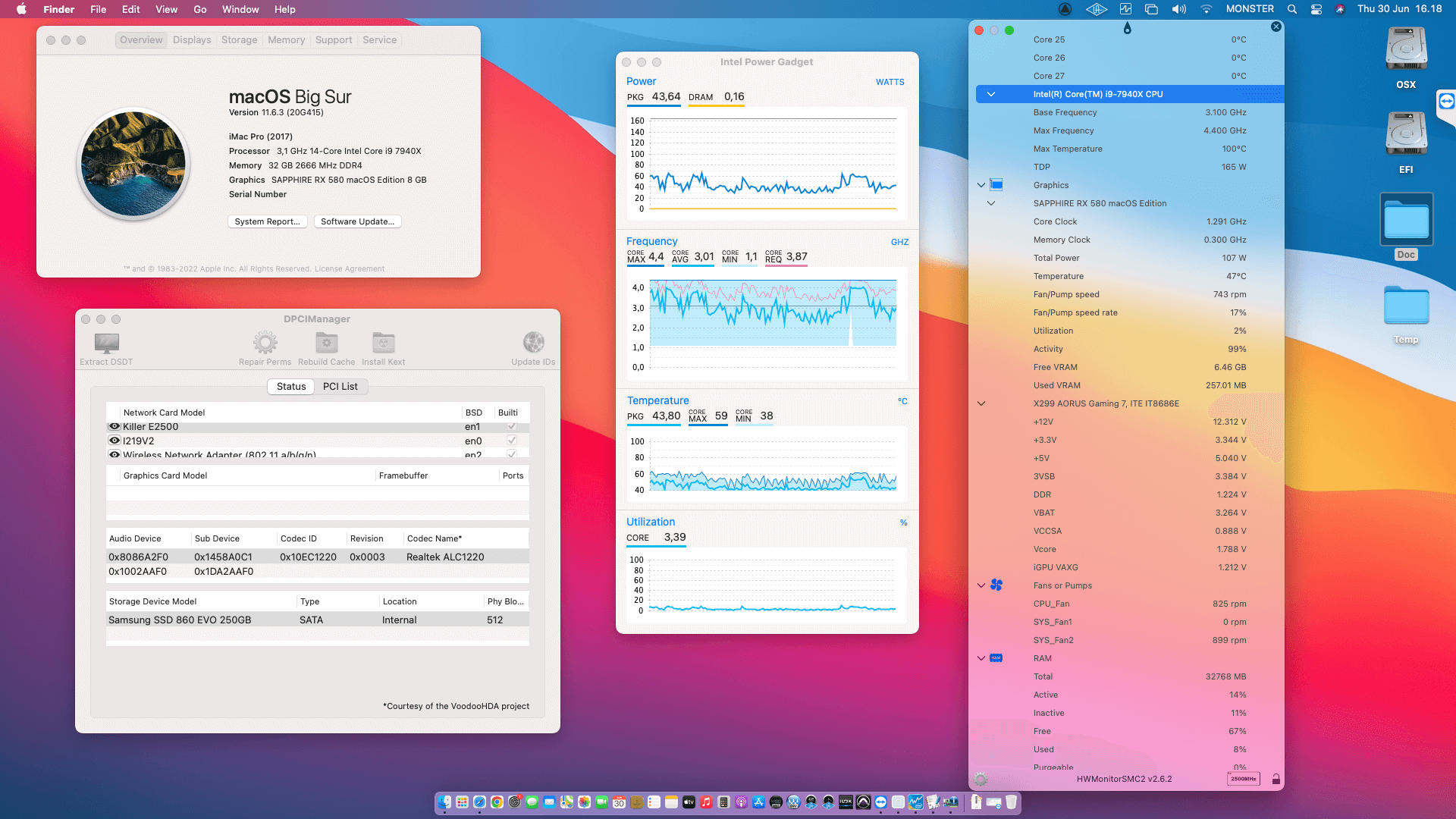 Success Hackintosh macOS Big Sur 11.6.3 Build 20G415 in Gigabyte X299 Aorus Gaming 7 + Intel Core i9 7940X + Sapphire RX 580